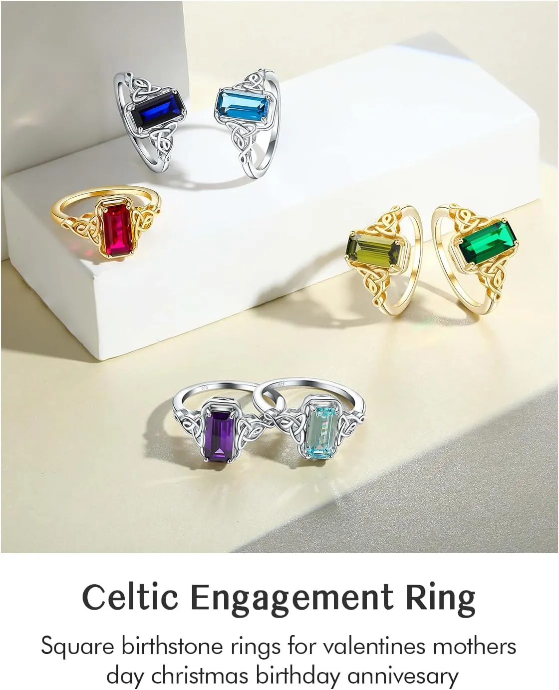 DAYBYDAY Celtic Birthstone Rings for Women, 925 Sterling Silver/18K Gold Plated Emerald Cut Celtic Knot Engagement Wedding Ring, Square Created Gemstone Promise Rings for Her Size 6-10
