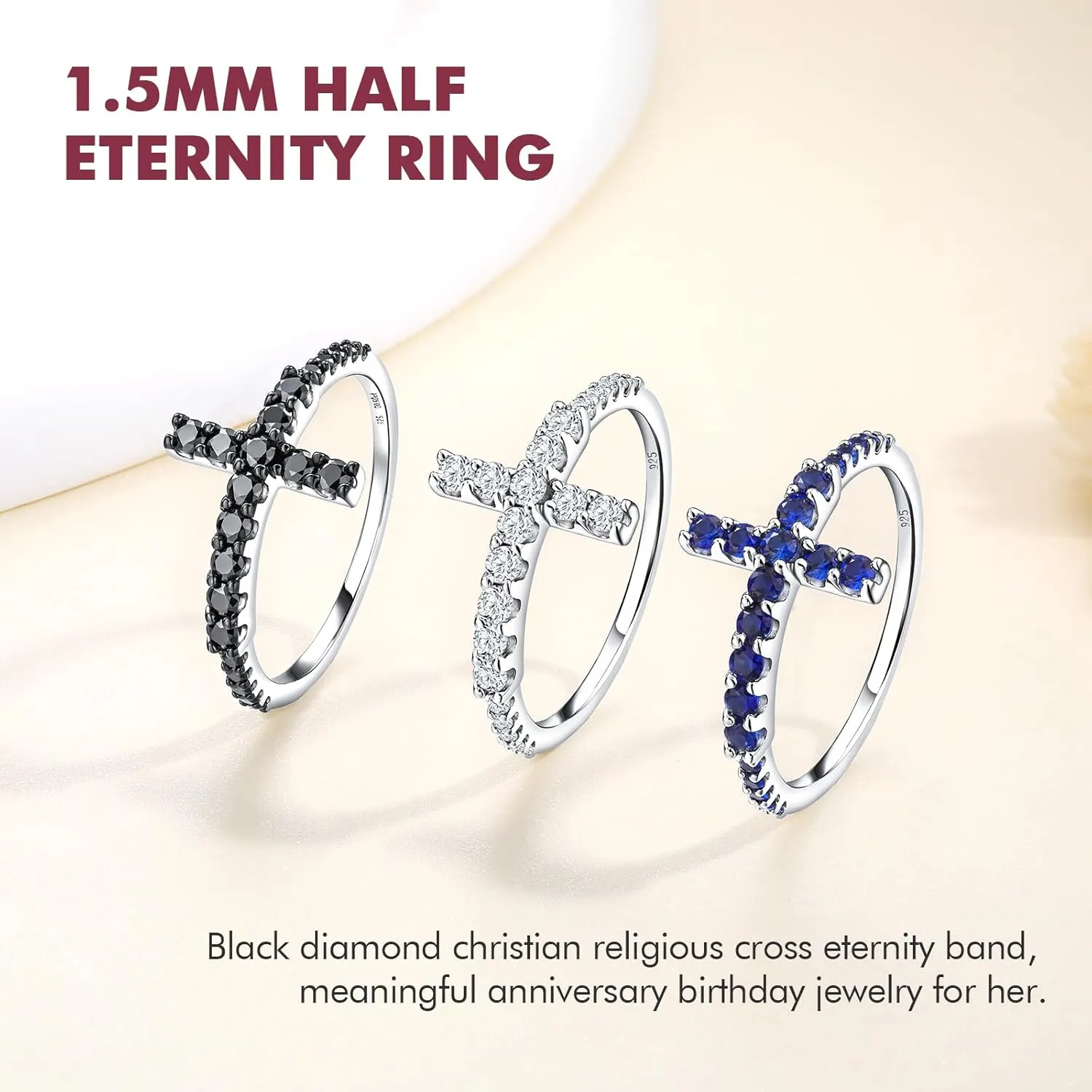 DAYBYDAY Cross Ring for Women 925 Sterling Silver Black Moissanite/Blue Sapphire Sideways Cross Rings Half Eternity Stackable Anniversary Wedding Bands Christian Religious Jewelry