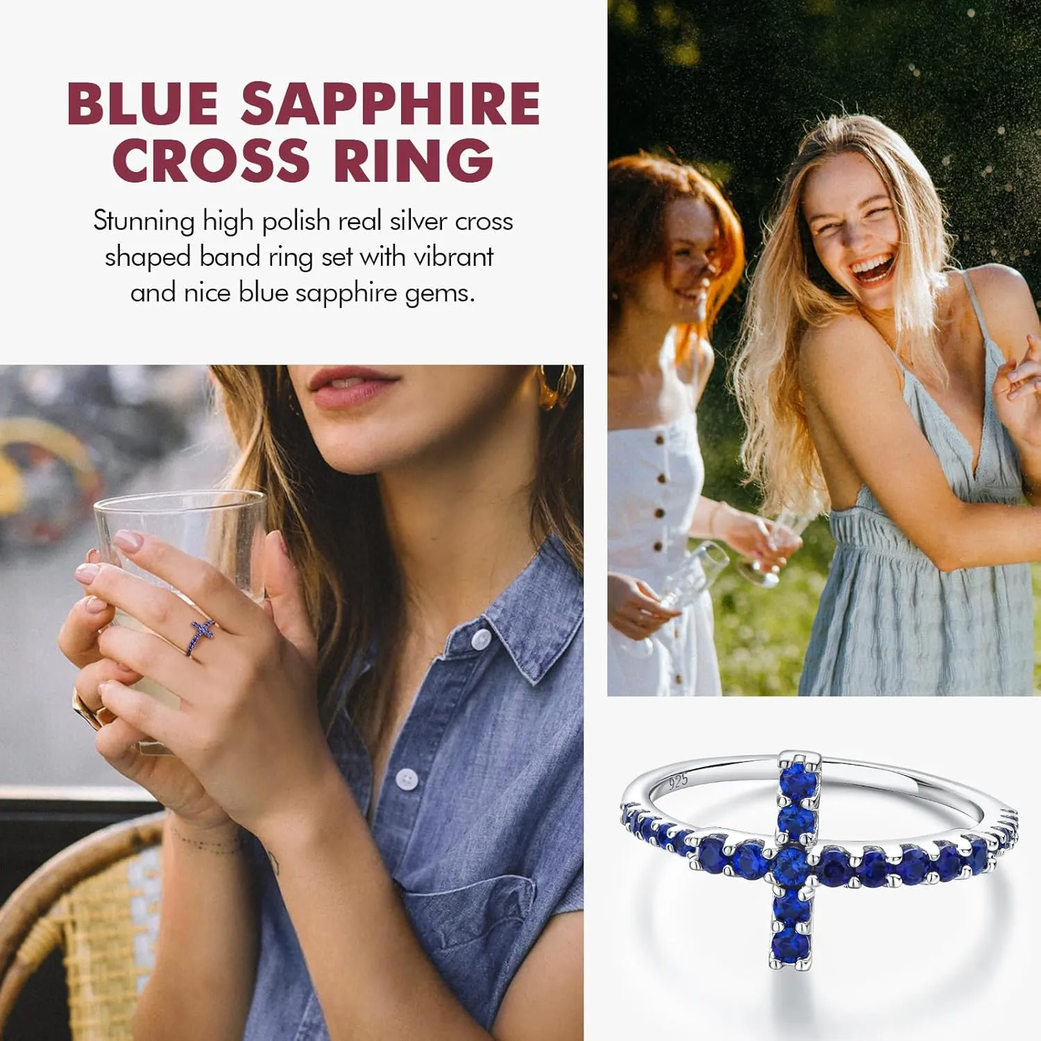 DAYBYDAY Cross Ring for Women 925 Sterling Silver Black Moissanite/Blue Sapphire Sideways Cross Rings Half Eternity Stackable Anniversary Wedding Bands Christian Religious Jewelry
