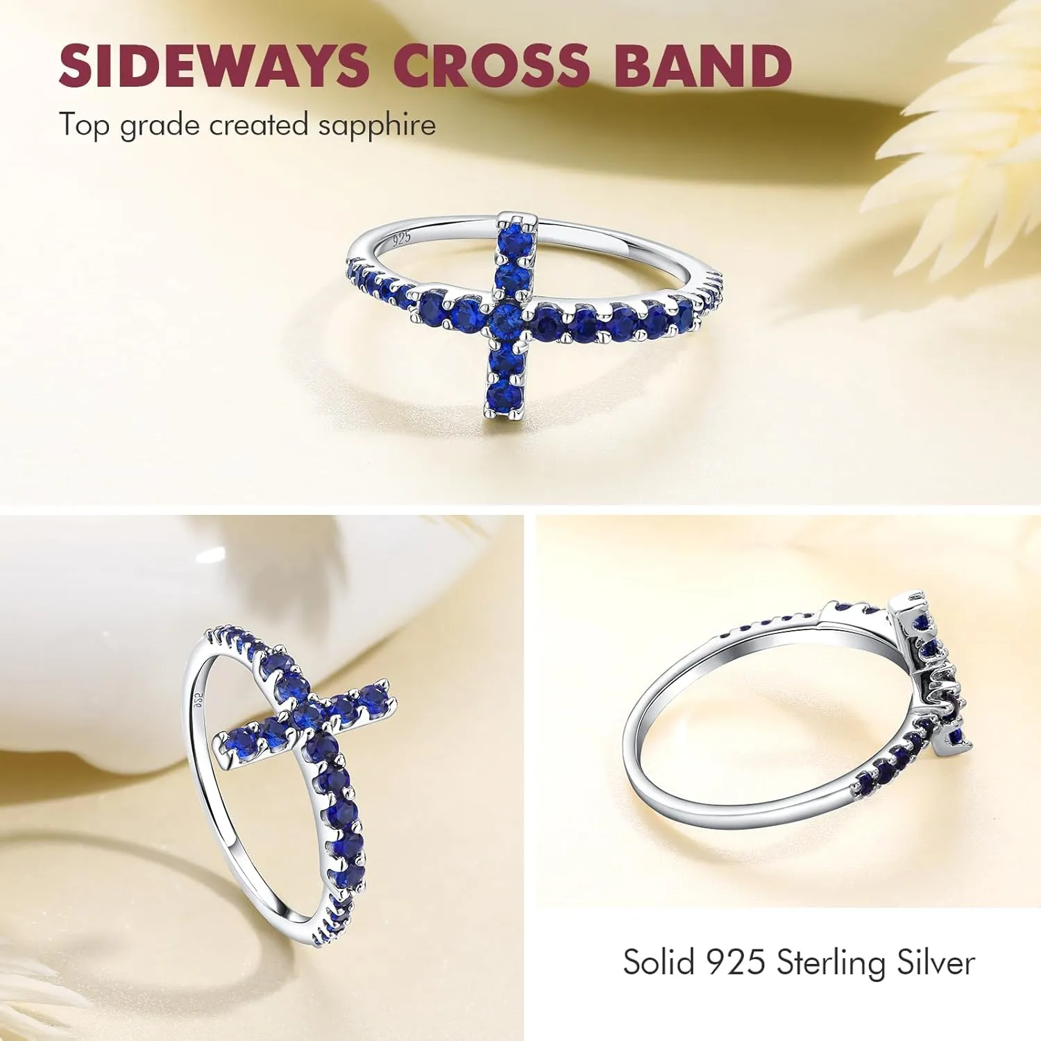 DAYBYDAY Cross Ring for Women 925 Sterling Silver Black Moissanite/Blue Sapphire Sideways Cross Rings Half Eternity Stackable Anniversary Wedding Bands Christian Religious Jewelry