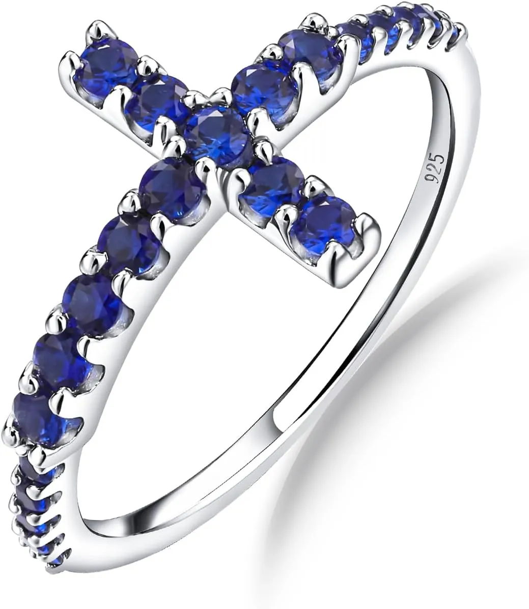 DAYBYDAY Cross Ring for Women 925 Sterling Silver Black Moissanite/Blue Sapphire Sideways Cross Rings Half Eternity Stackable Anniversary Wedding Bands Christian Religious Jewelry