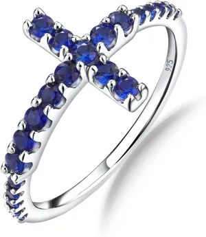 DAYBYDAY Cross Ring for Women 925 Sterling Silver Black Moissanite/Blue Sapphire Sideways Cross Rings Half Eternity Stackable Anniversary Wedding Bands Christian Religious Jewelry