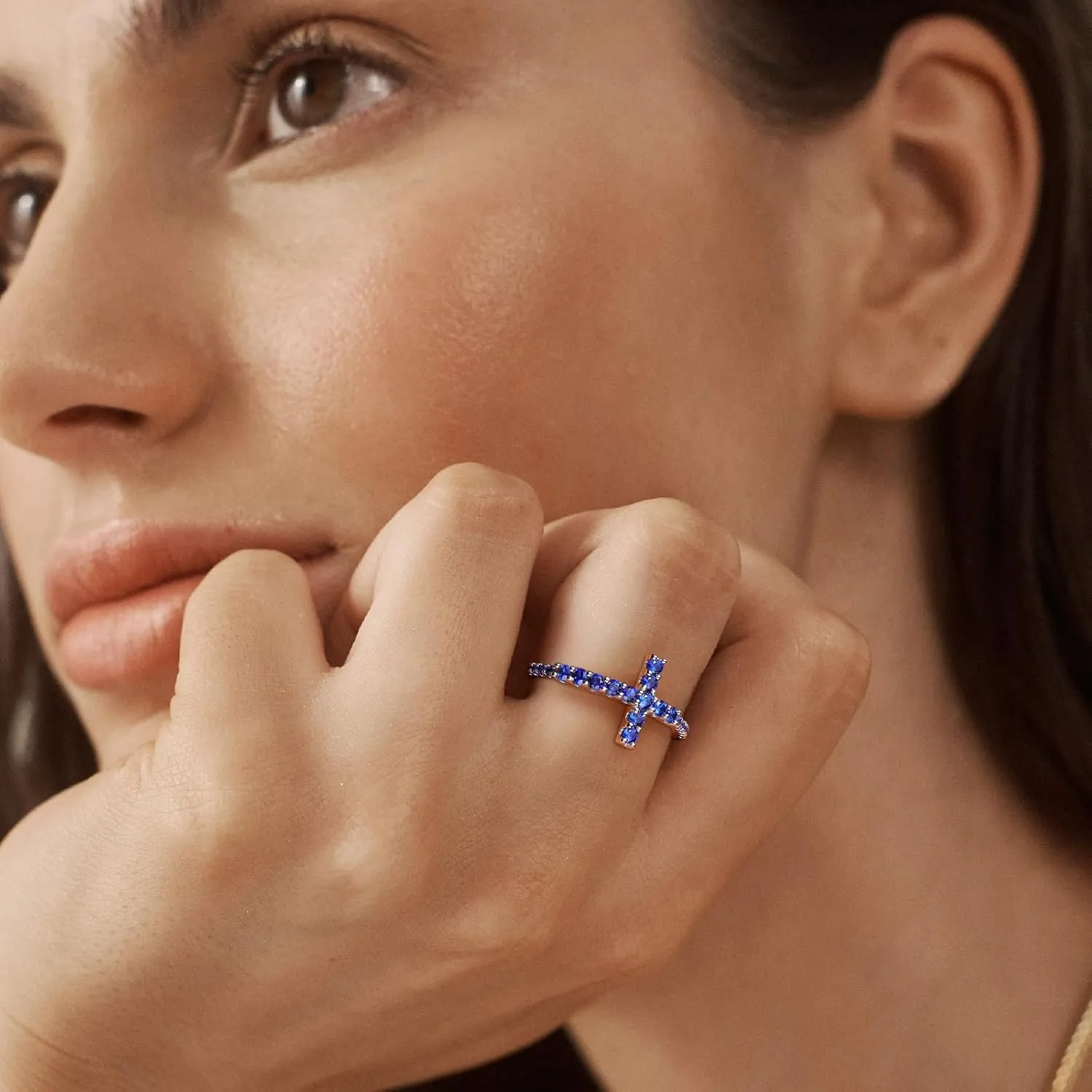 DAYBYDAY Cross Ring for Women 925 Sterling Silver Black Moissanite/Blue Sapphire Sideways Cross Rings Half Eternity Stackable Anniversary Wedding Bands Christian Religious Jewelry