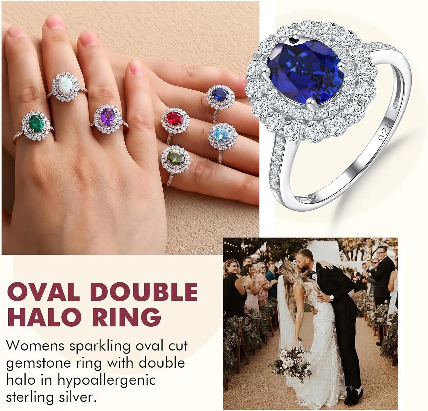 DAYBYDAY Oval Birthstone Rings for Women, 925 Sterling Silve Ruby/Sapphire/Emerald Double Halo Engagement Wedding Ring, 3ct-4ct Big Cockatil Rings