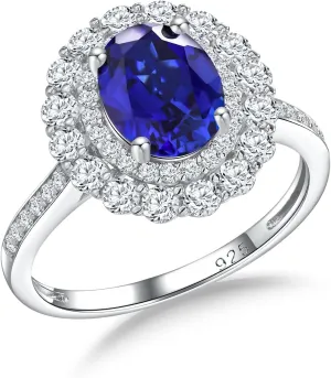 DAYBYDAY Oval Birthstone Rings for Women, 925 Sterling Silve Ruby/Sapphire/Emerald Double Halo Engagement Wedding Ring, 3ct-4ct Big Cockatil Rings