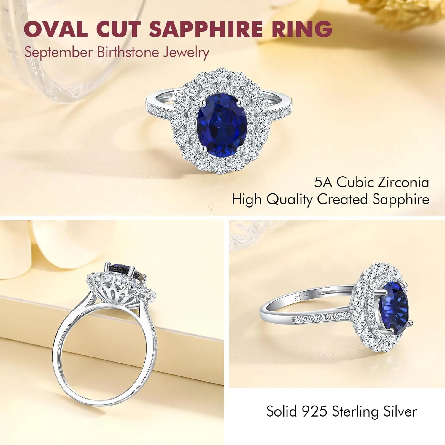 DAYBYDAY Oval Birthstone Rings for Women, 925 Sterling Silve Ruby/Sapphire/Emerald Double Halo Engagement Wedding Ring, 3ct-4ct Big Cockatil Rings