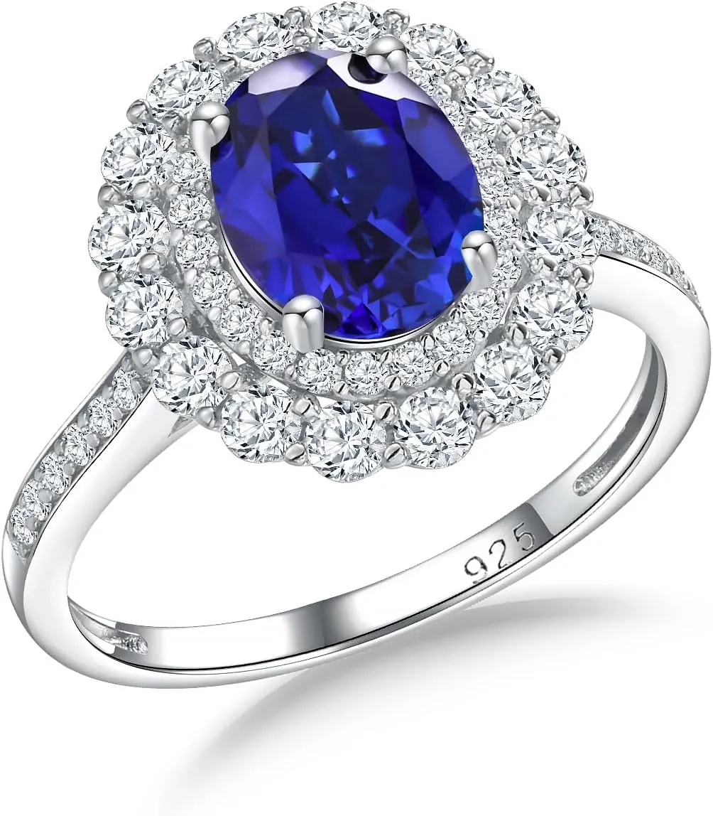 DAYBYDAY Oval Birthstone Rings for Women, 925 Sterling Silve Ruby/Sapphire/Emerald Double Halo Engagement Wedding Ring, 3ct-4ct Big Cockatil Rings