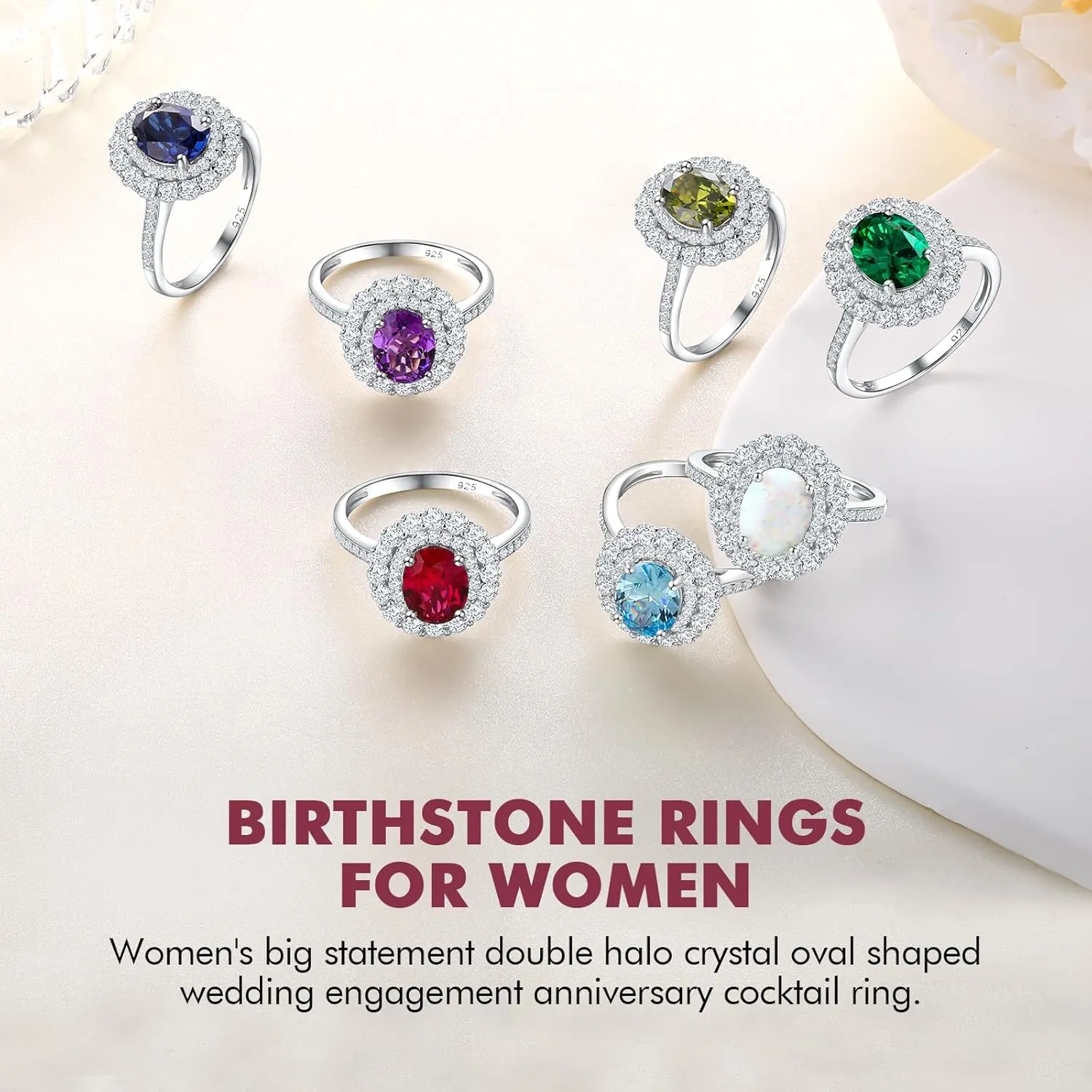 DAYBYDAY Oval Birthstone Rings for Women, 925 Sterling Silve Ruby/Sapphire/Emerald Double Halo Engagement Wedding Ring, 3ct-4ct Big Cockatil Rings