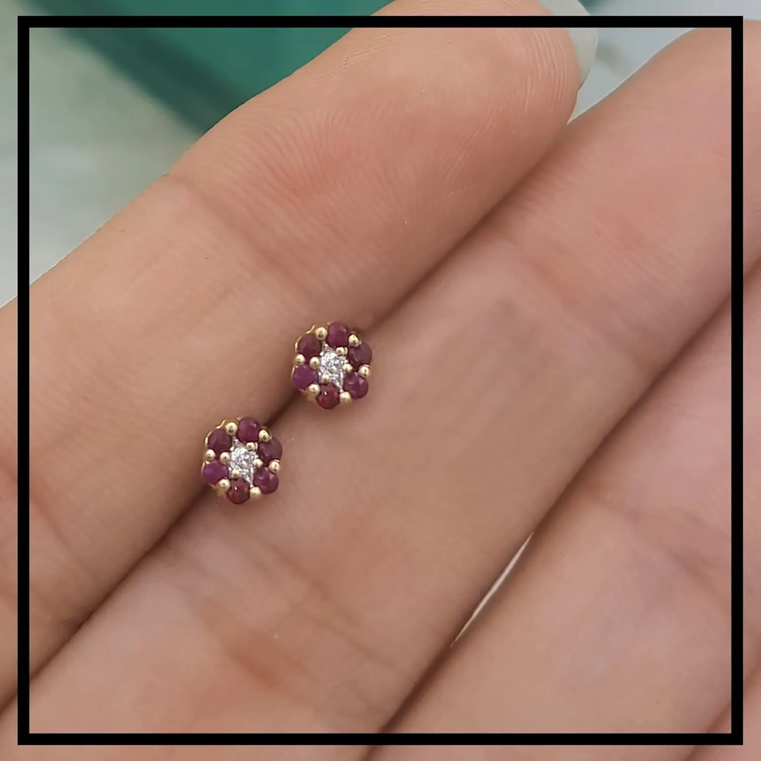 Dazzlingrock Collection Round Ruby & White Diamond Cluster Flower Earrings for Women in Solid Gold