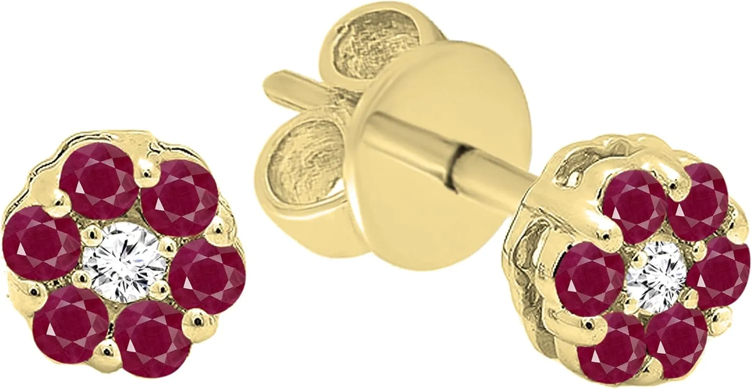 Dazzlingrock Collection Round Ruby & White Diamond Cluster Flower Earrings for Women in Solid Gold