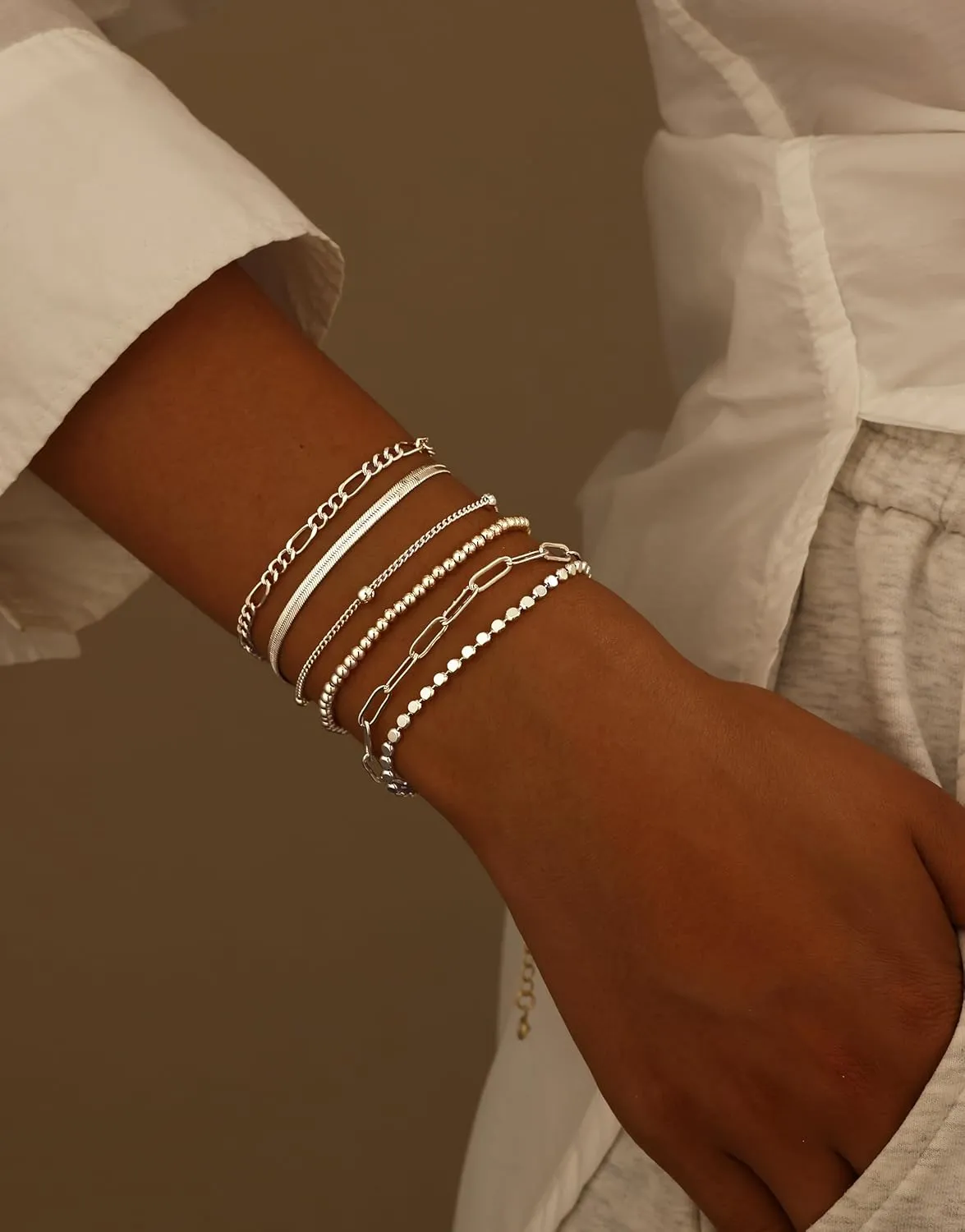 DEARMAY Dainty Silver Chain Bracelets for Women Trendy, Waterproof Sterling Silver/Gold Jewelry Sets Fashion Stackable Beaded Figaro Herringbone Paperclip Chain Bracelet Pack Stack Gifts for Womens