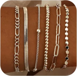 DEARMAY Dainty Silver Chain Bracelets for Women Trendy, Waterproof Sterling Silver/Gold Jewelry Sets Fashion Stackable Beaded Figaro Herringbone Paperclip Chain Bracelet Pack Stack Gifts for Womens