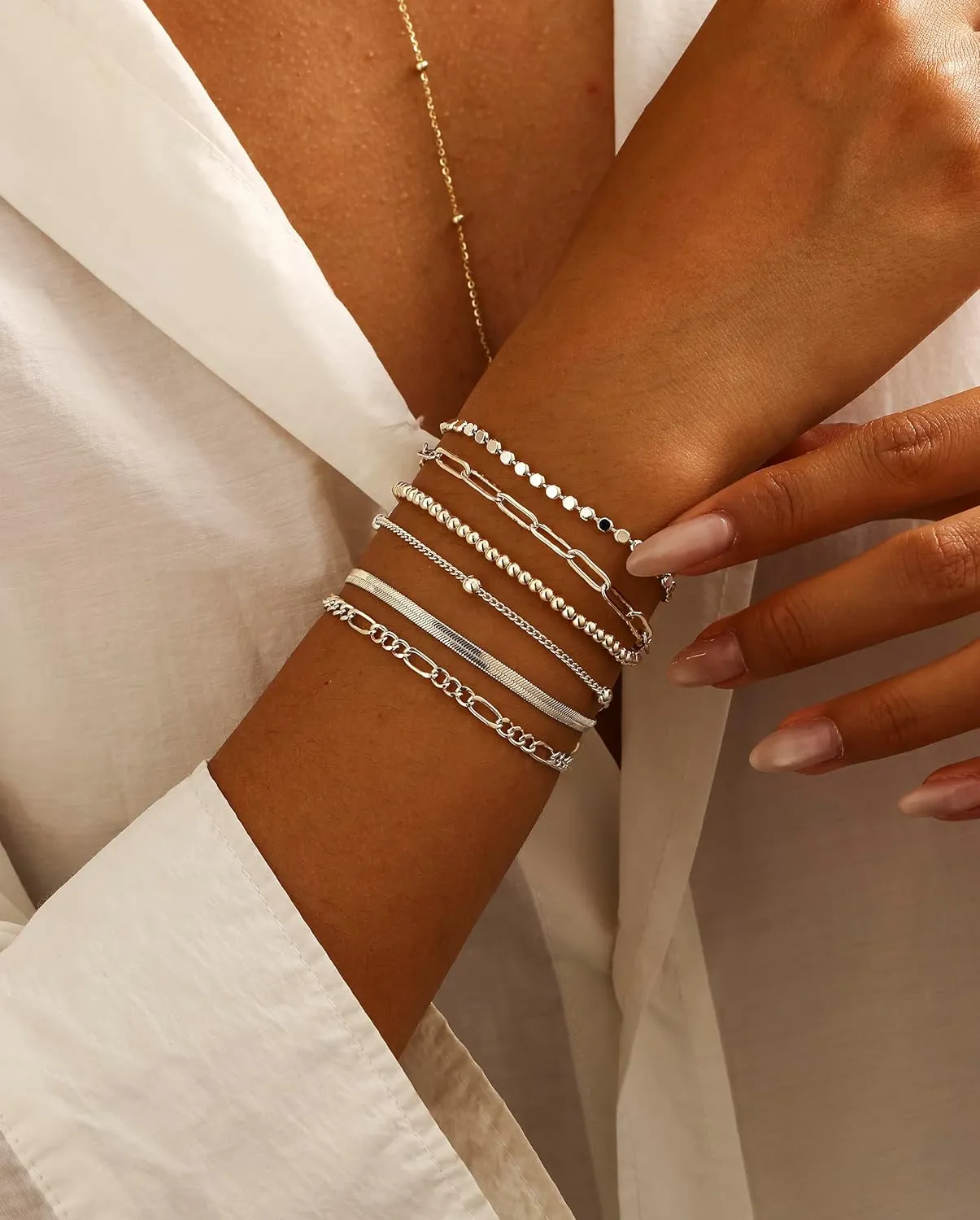 DEARMAY Dainty Silver Chain Bracelets for Women Trendy, Waterproof Sterling Silver/Gold Jewelry Sets Fashion Stackable Beaded Figaro Herringbone Paperclip Chain Bracelet Pack Stack Gifts for Womens