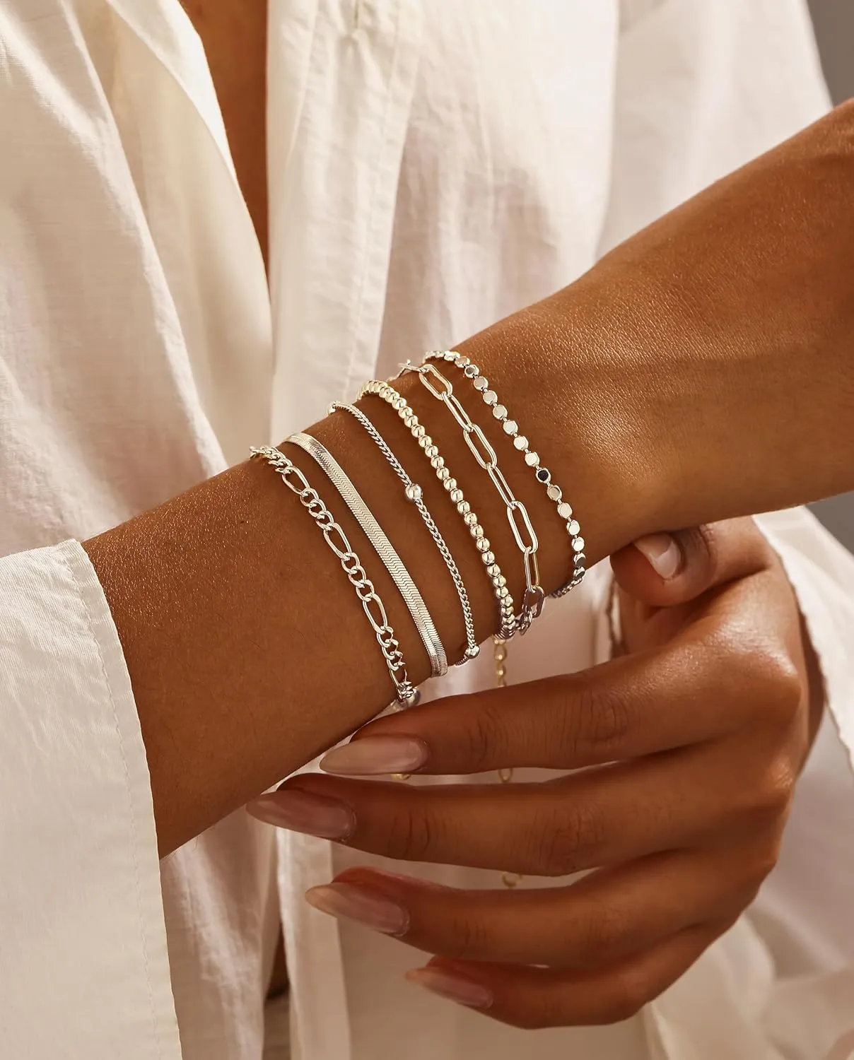 DEARMAY Dainty Silver Chain Bracelets for Women Trendy, Waterproof Sterling Silver/Gold Jewelry Sets Fashion Stackable Beaded Figaro Herringbone Paperclip Chain Bracelet Pack Stack Gifts for Womens