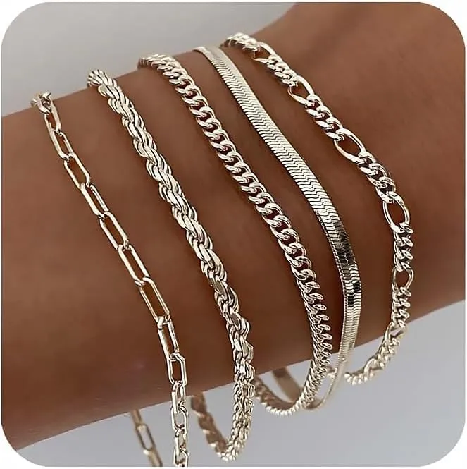 DEARMAY Gold Bracelets for Women Waterproof, 14K Real Gold Jewelry Sets Trendy Thin Dainty Stackable Cuban Link Paperclip Chain Bracelet Pack Fashion Accessories Gifts for Womens