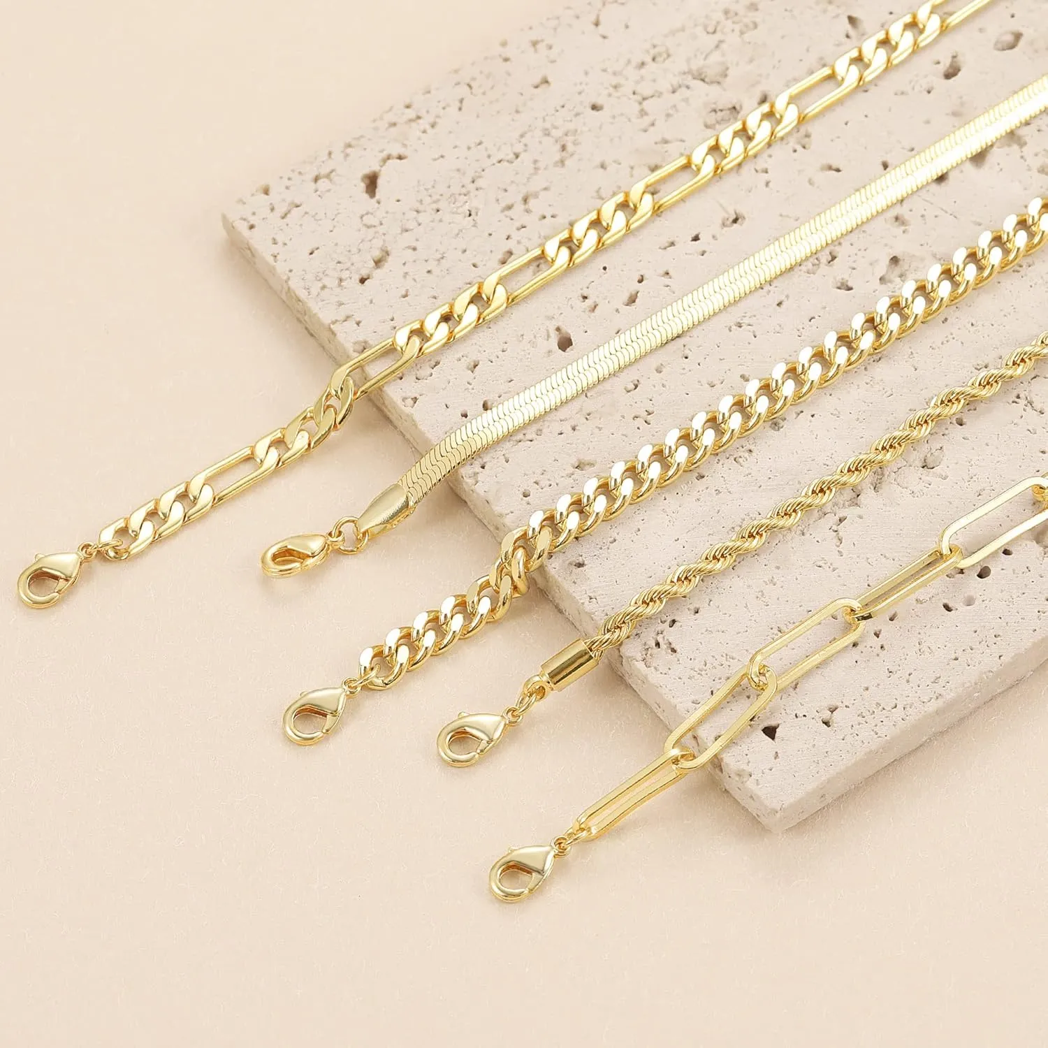 DEARMAY Gold Bracelets - Real 14K Women's Cute Tennis Cubic Beaded Link Paperclip Dainty Bracelet Pack