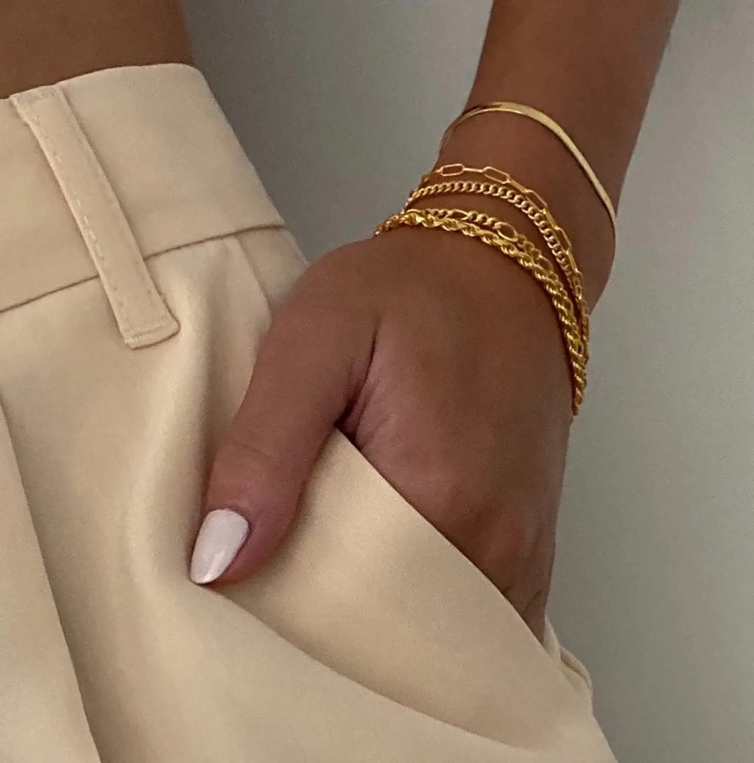 DEARMAY Gold Bracelets - Real 14K Women's Cute Tennis Cubic Beaded Link Paperclip Dainty Bracelet Pack