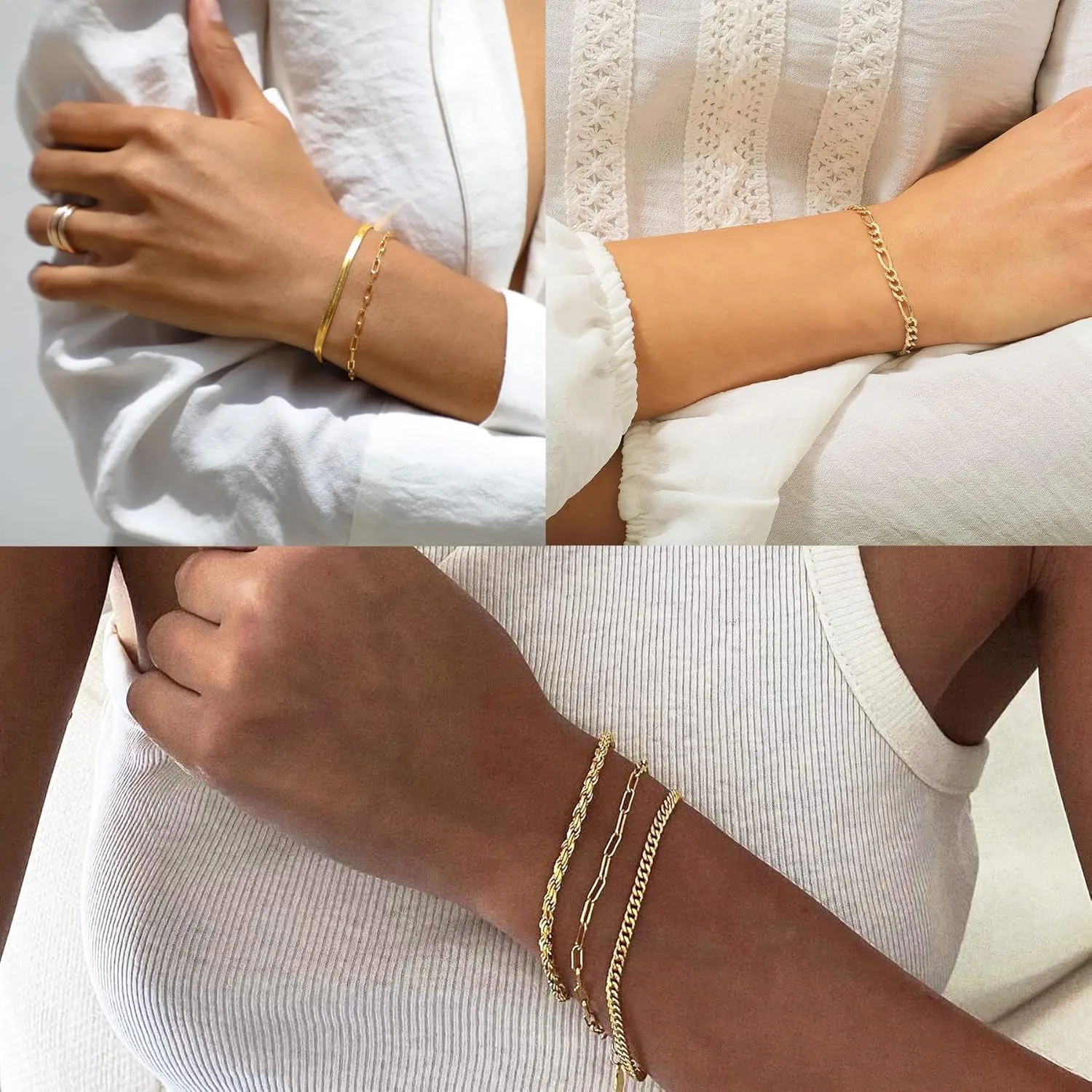 DEARMAY Gold Bracelets - Real 14K Women's Cute Tennis Cubic Beaded Link Paperclip Dainty Bracelet Pack
