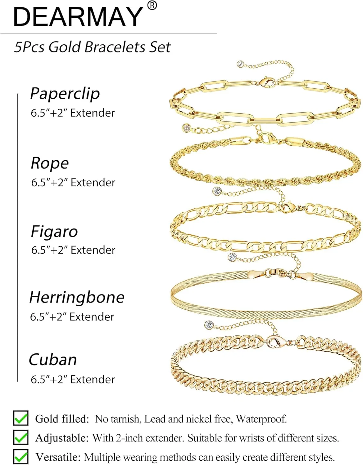 DEARMAY Gold Bracelets - Real 14K Women's Cute Tennis Cubic Beaded Link Paperclip Dainty Bracelet Pack