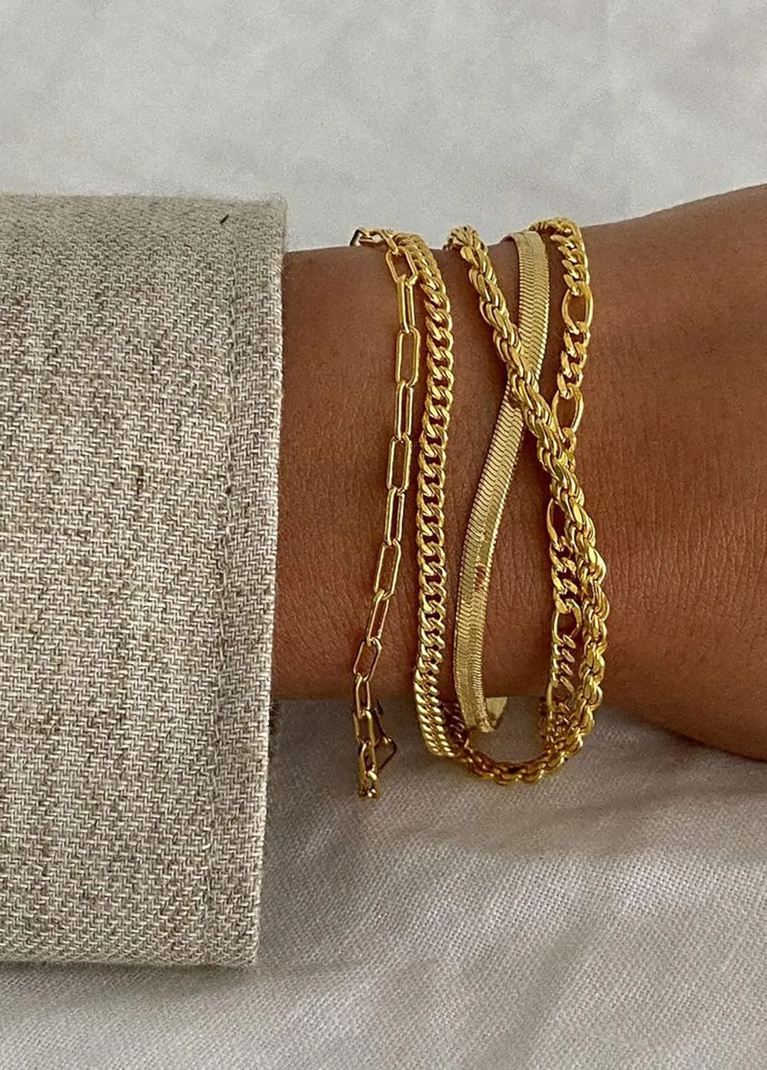 DEARMAY Gold Bracelets - Real 14K Women's Cute Tennis Cubic Beaded Link Paperclip Dainty Bracelet Pack