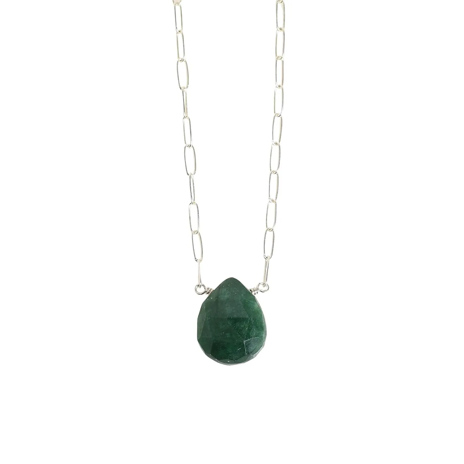 Designed By Stacey Handmade Boho Emerald Gemstone Teardrop Pendant, May Birthstone Jewelry, Dainty Sterling Silver Paperclip Chain Necklace, Gifts for Women, Mother's Day, 16 to 18" Adjustable Chain