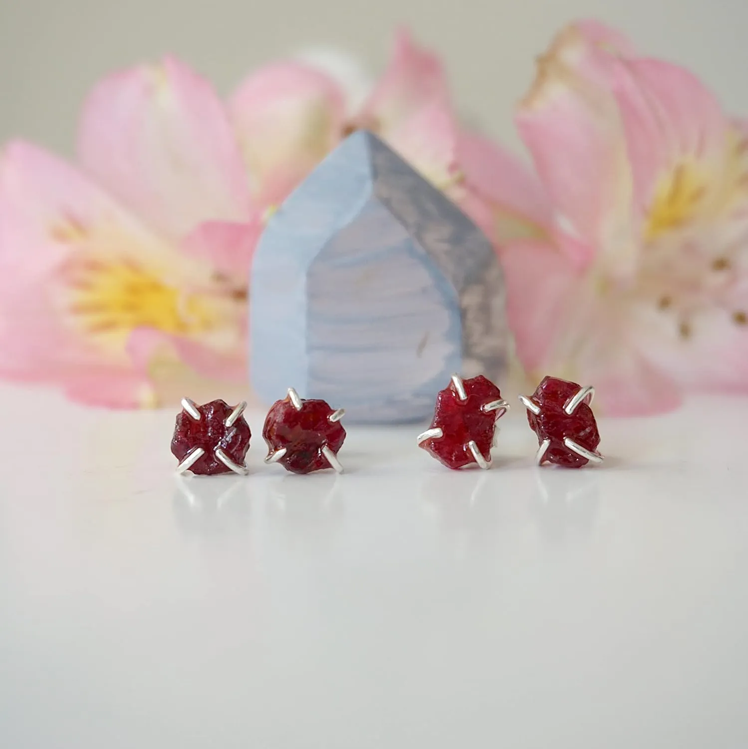 Designs by Nature Gems Red Ruby Huggie Crystal Stud Earrings, July Birthstone Jewelry, Sterling Silver Stud Earrings, Genuine Raw Crystal, Handmade in North America