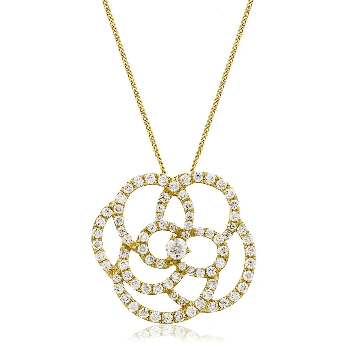 Diamond Flower Pendant Necklace 1.10ct F VS Quality in 18k Yellow Gold