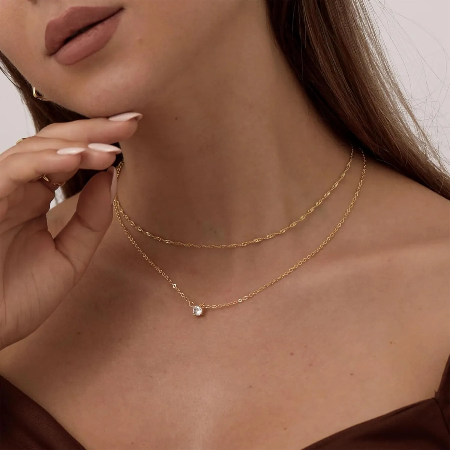 Diamond Necklaces for Women Dainty Leaf Necklace 14k Gold Plated Layered CZ Moon Necklace Simple Diamond Choker Necklaces for Women Trendy Jewelry Gifts