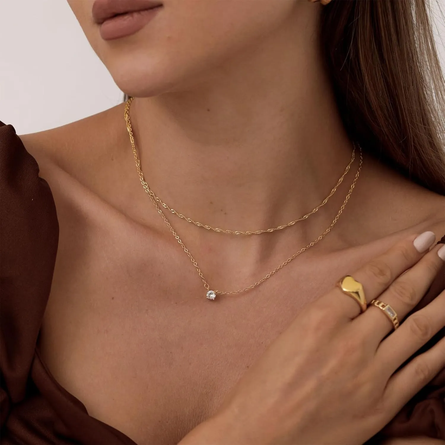 Diamond Necklaces for Women Dainty Leaf Necklace 14k Gold Plated Layered CZ Moon Necklace Simple Diamond Choker Necklaces for Women Trendy Jewelry Gifts