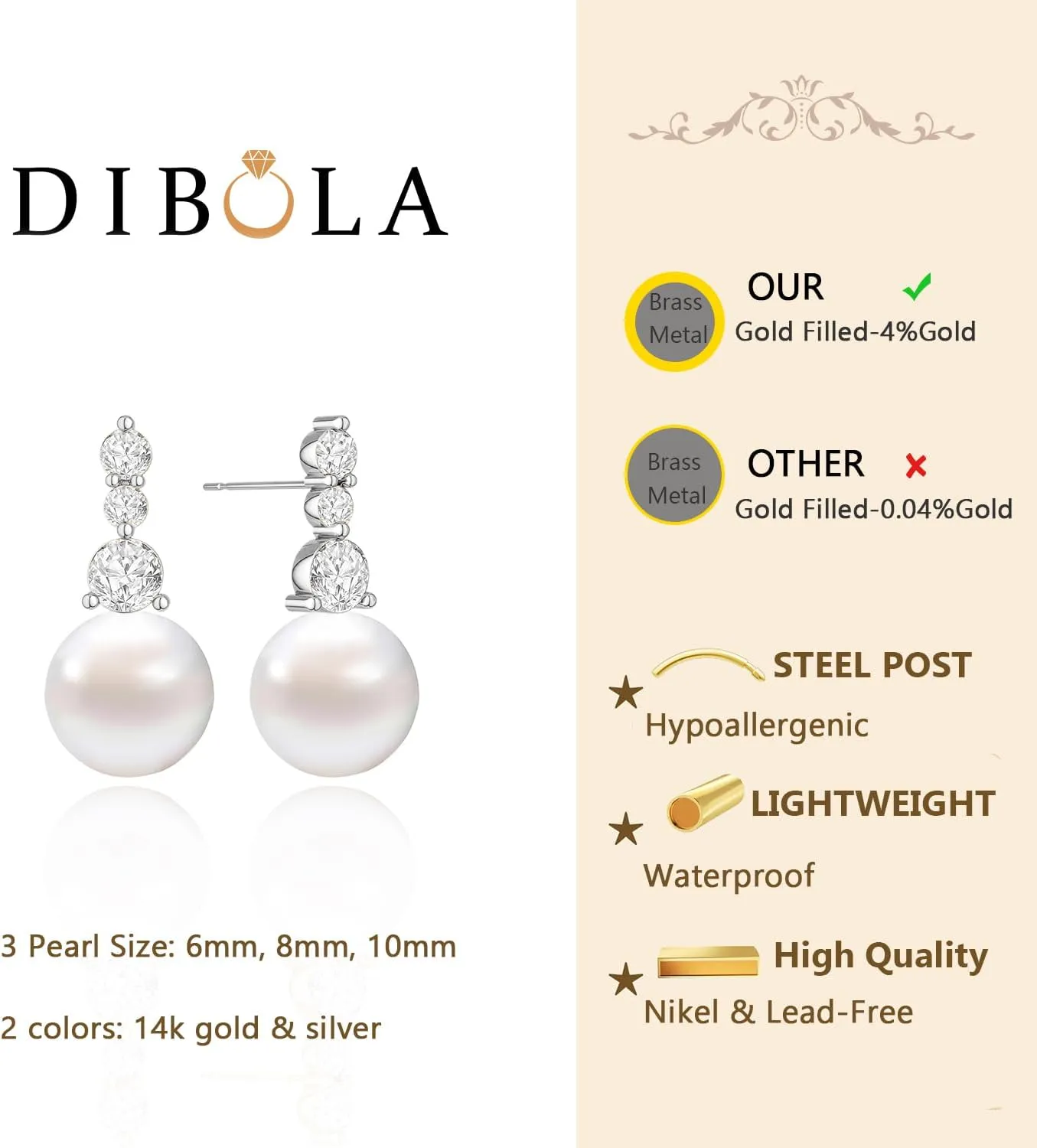 DIBOLA Pearl Earrings,6mm/8mm/10mm Dainty 14K Gold Pearl Stud Earrings for Women CZ Diamond Earrings Trendy Pearl Drop Dangle Earrings Bridesmaid Bridal Wedding Earrings Gold Jewelry for Women