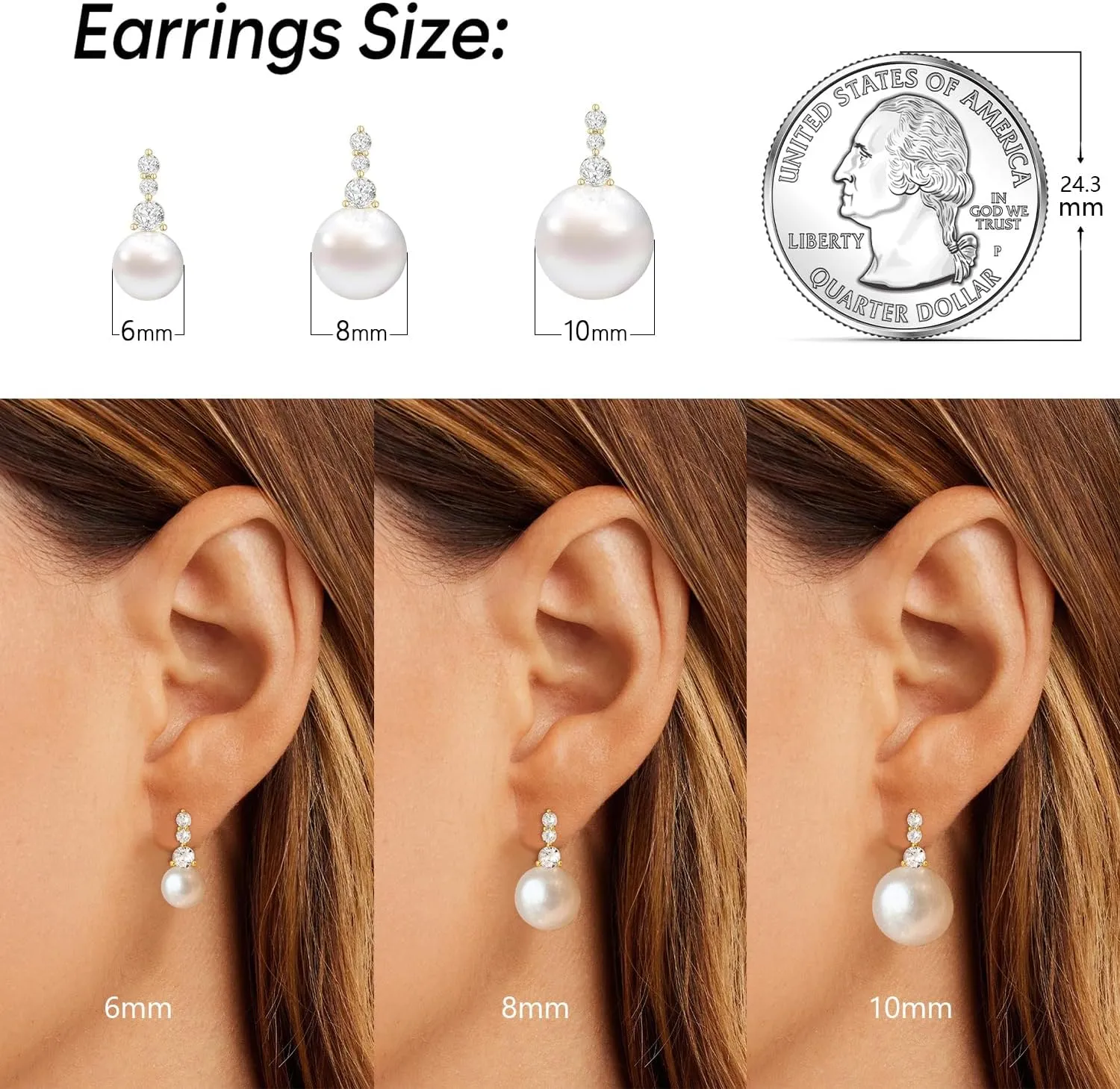 DIBOLA Pearl Earrings,6mm/8mm/10mm Dainty 14K Gold Pearl Stud Earrings for Women CZ Diamond Earrings Trendy Pearl Drop Dangle Earrings Bridesmaid Bridal Wedding Earrings Gold Jewelry for Women