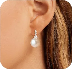 DIBOLA Pearl Earrings,6mm/8mm/10mm Dainty 14K Gold Pearl Stud Earrings for Women CZ Diamond Earrings Trendy Pearl Drop Dangle Earrings Bridesmaid Bridal Wedding Earrings Gold Jewelry for Women