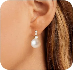 DIBOLA Pearl Earrings,6mm/8mm/10mm Dainty 14K Gold Pearl Stud Earrings for Women CZ Diamond Earrings Trendy Pearl Drop Dangle Earrings Bridesmaid Bridal Wedding Earrings Gold Jewelry for Women