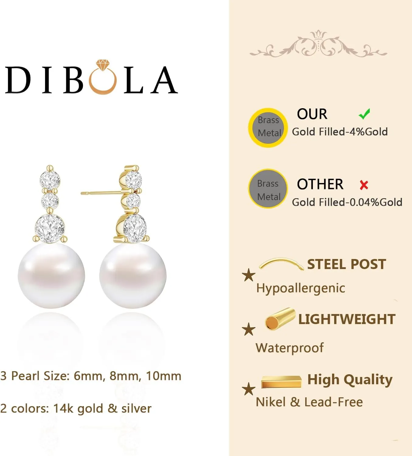 DIBOLA Pearl Earrings,6mm/8mm/10mm Dainty 14K Gold Pearl Stud Earrings for Women CZ Diamond Earrings Trendy Pearl Drop Dangle Earrings Bridesmaid Bridal Wedding Earrings Gold Jewelry for Women