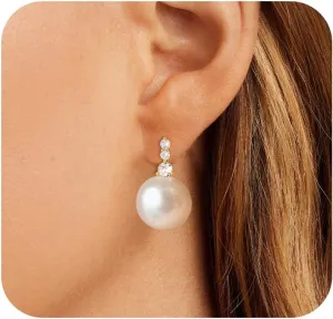 DIBOLA Pearl Earrings,6mm/8mm/10mm Dainty 14K Gold Pearl Stud Earrings for Women CZ Diamond Earrings Trendy Pearl Drop Dangle Earrings Bridesmaid Bridal Wedding Earrings Gold Jewelry for Women
