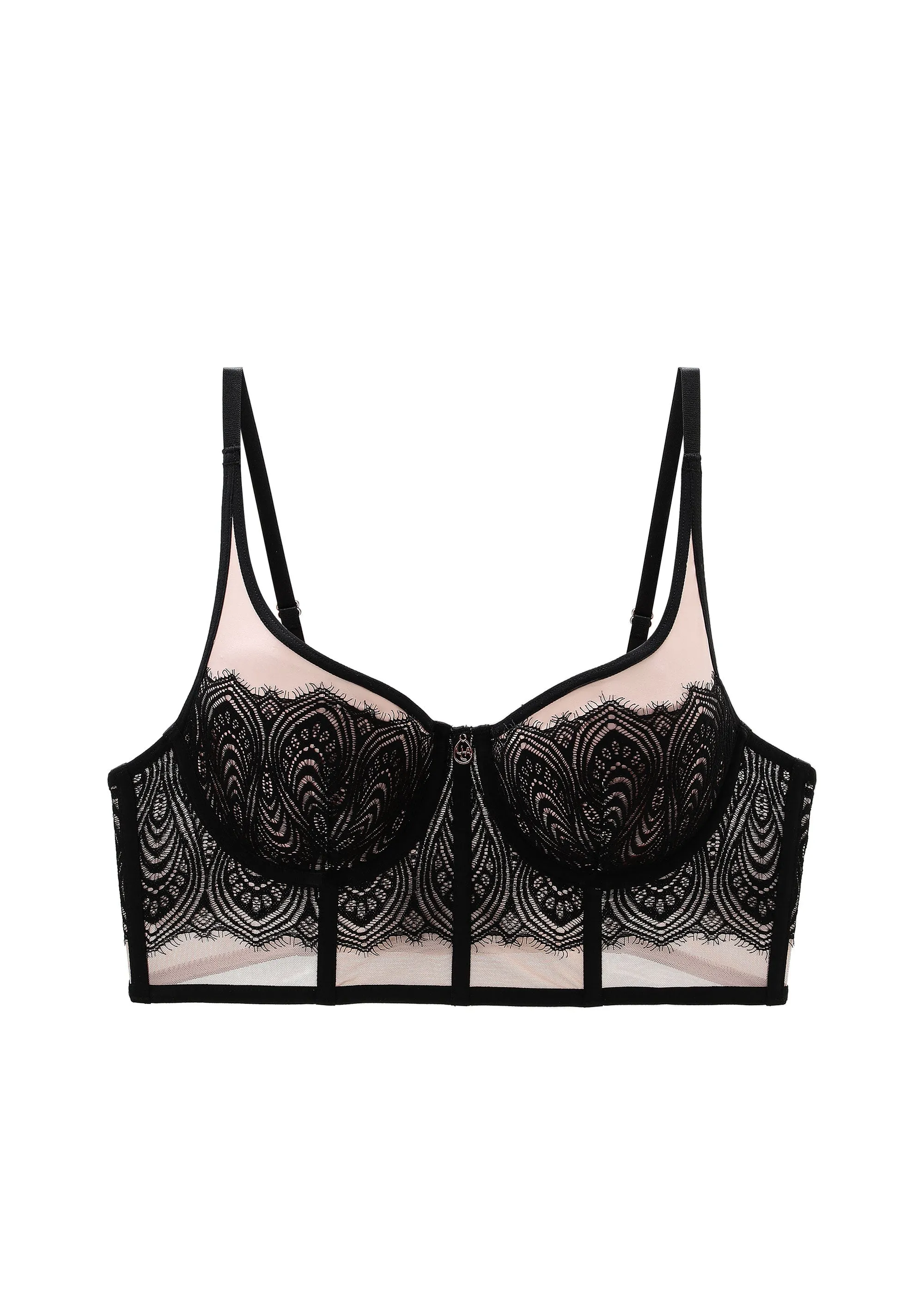 DOVE Black Pink Lace Underwired Long Plunge Bra with Cut & Sewn Cups