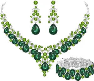 Elegant Bridal Wedding Jewelry Set for Women/Brides/Bridesmaids Teardrop Crystal Leaf Cluster Jewelry Set for Wedding Prom Party Bridal Bridesmaids Rhinestone Crystal Necklace Earrings Bracelet Set