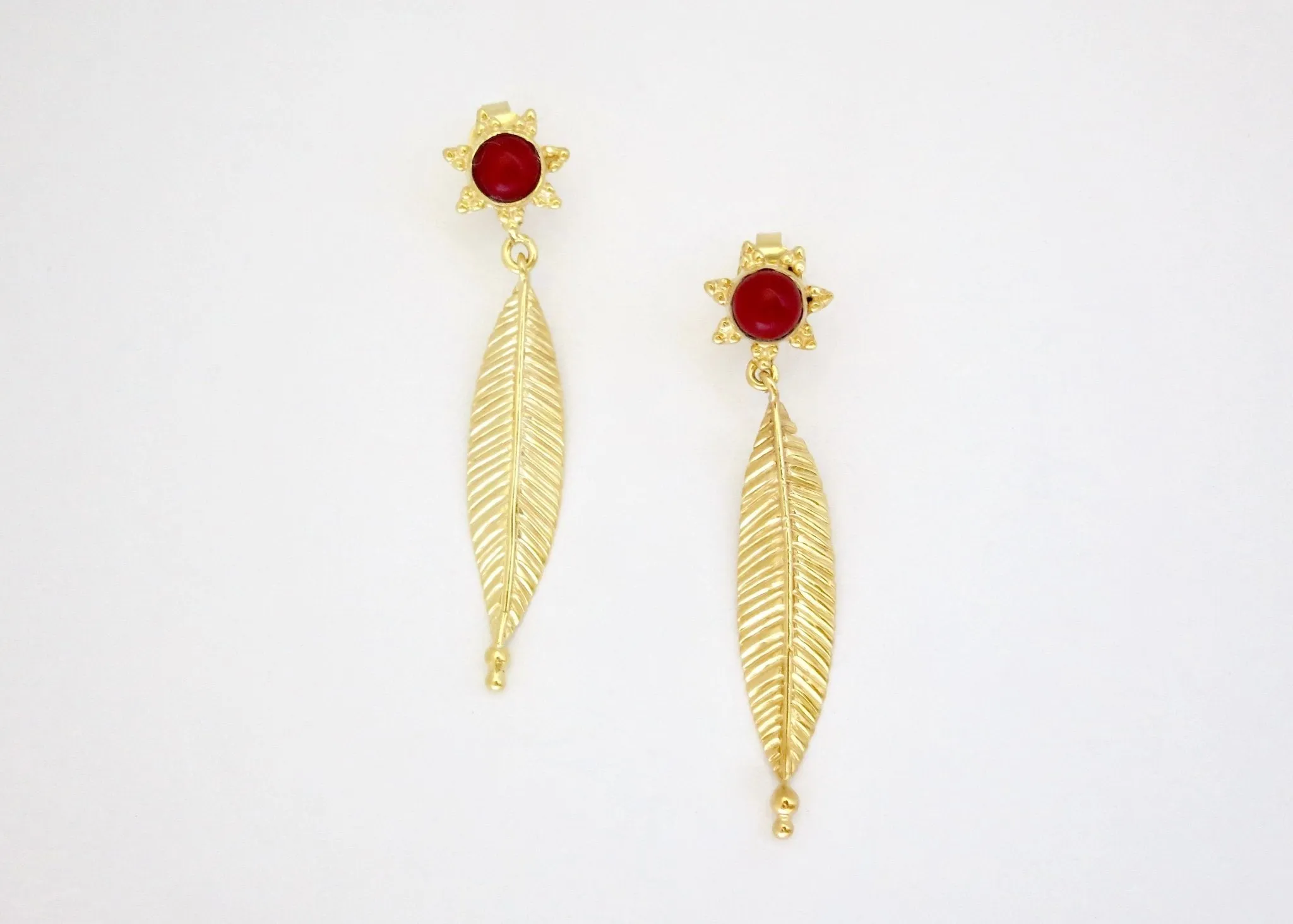 Elegant, gold-plated, leaf and coral earrings
