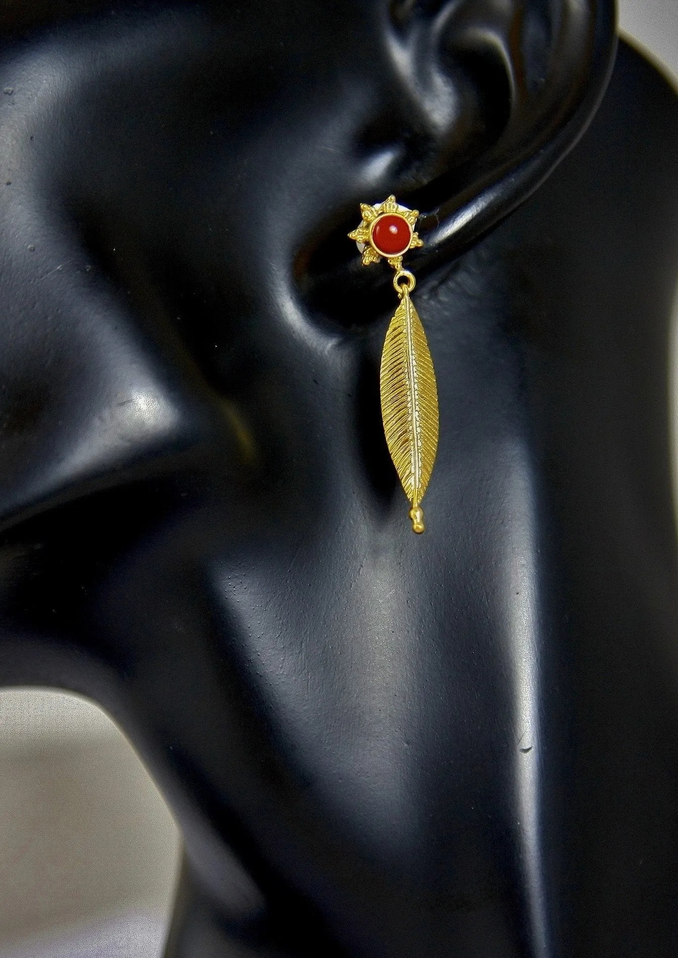 Elegant, gold-plated, leaf and coral earrings