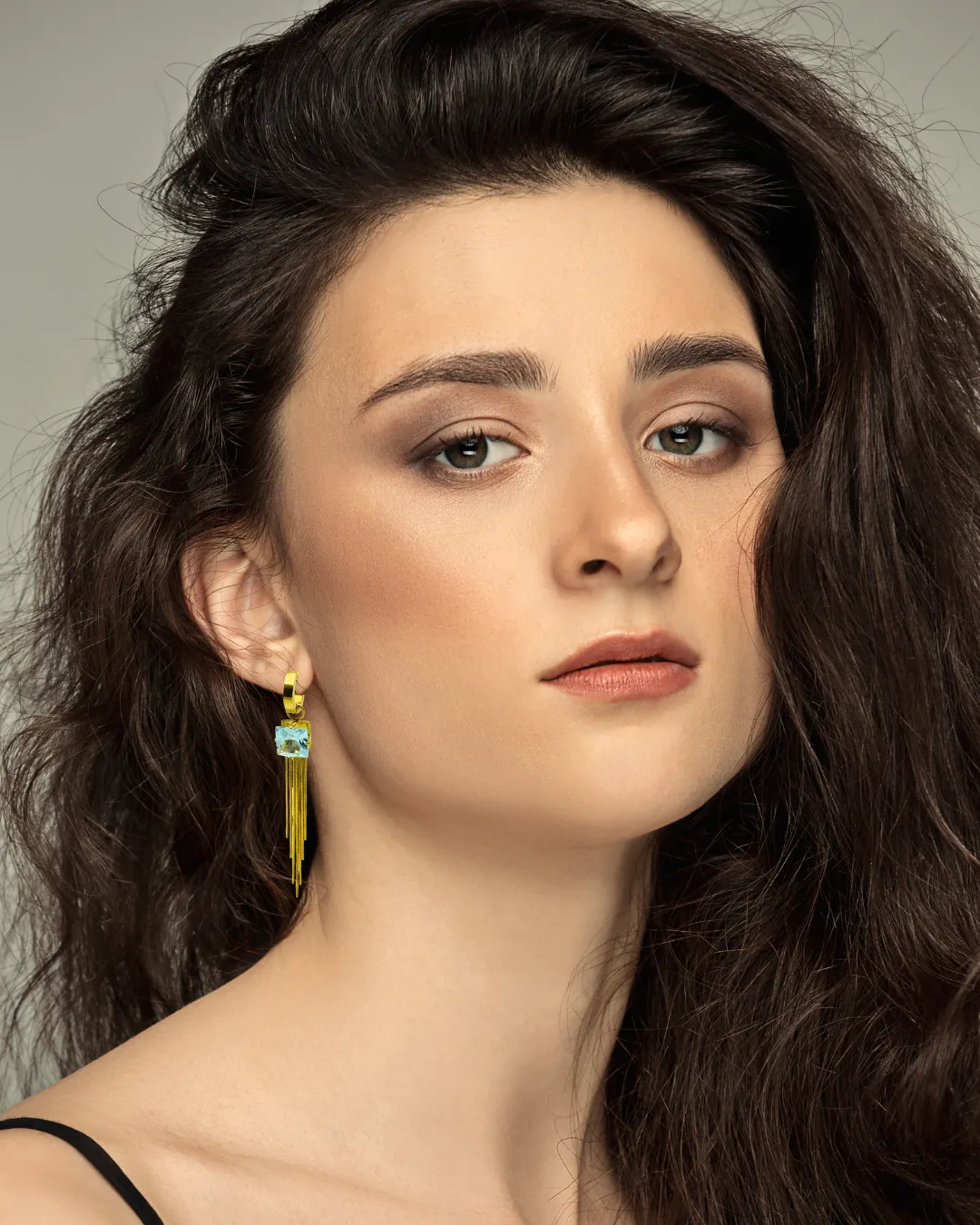 Elegant Tassel Drop Earrings with Aquamarine Square Gem – 18K Gold Plated, Anti-Tarnish Finish ATER302
