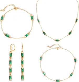 Emerald-cut Green Jewelry Set for Women 18K Real Gold Plated Cubic Zirconia Necklace Earrings Bracelet Anklet Set Birthstone Emerald Green Jewelry Christmas Gft for Wife Girlfriend Mother
