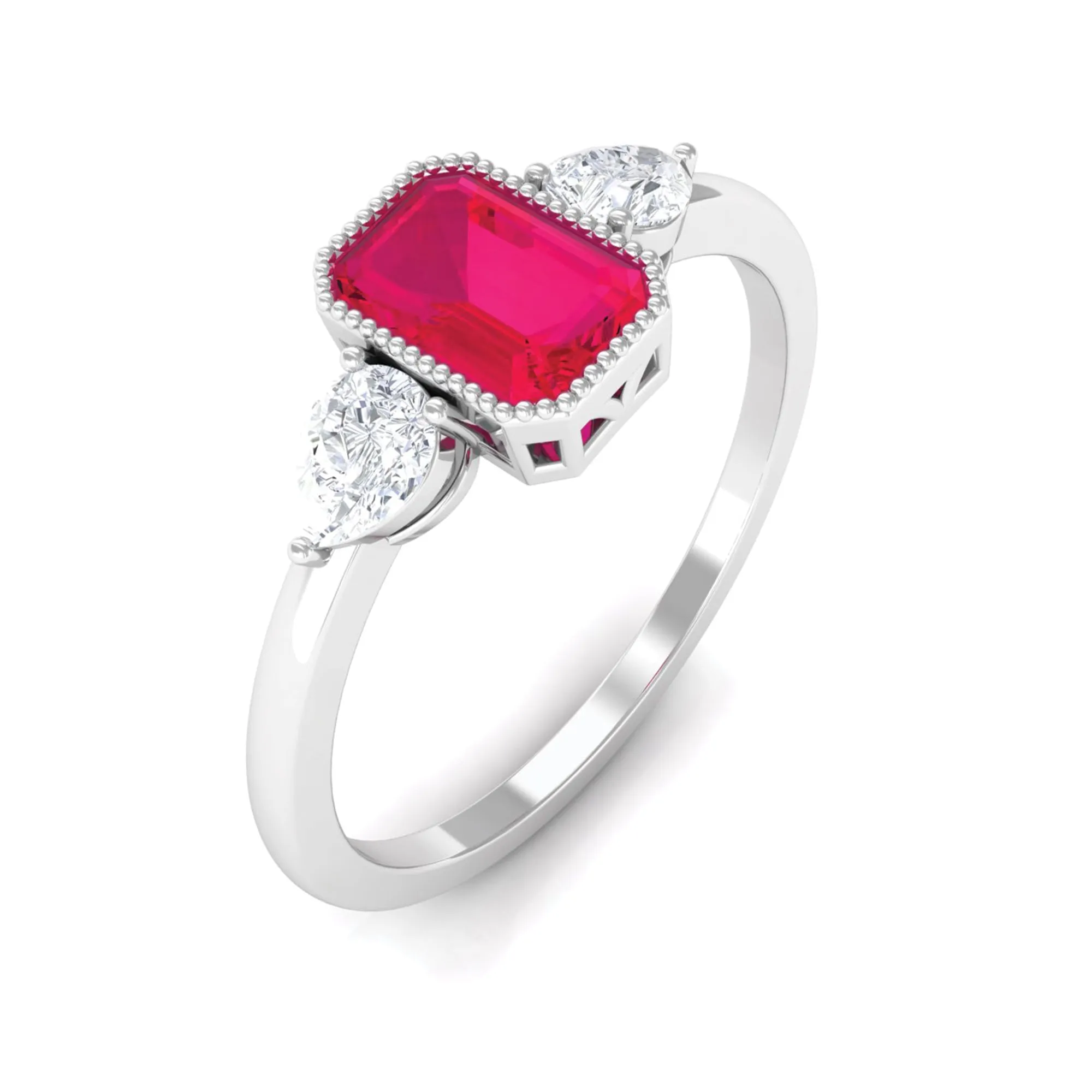 Emerald Cut Ruby Solitaire Ring with Diamond