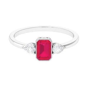 Emerald Cut Ruby Solitaire Ring with Diamond