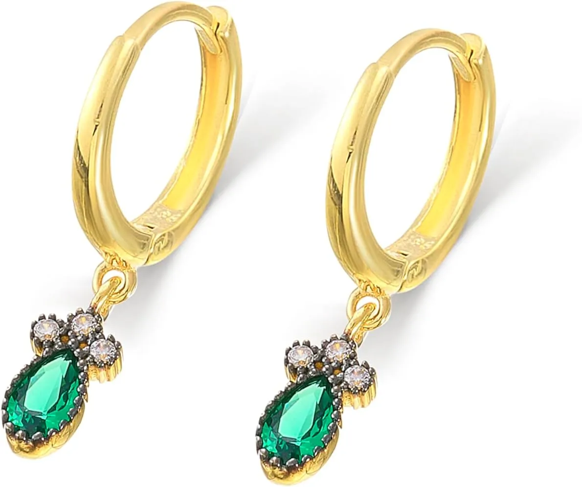 Emerald Earrings, 14K Solid Gold Anniversary Earrings, Hoops Earrings, Dainty initial Emerald Earrings, Minimalist 14K Gold Emerald Earrings