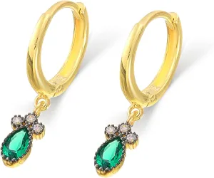 Emerald Earrings, 14K Solid Gold Anniversary Earrings, Hoops Earrings, Dainty initial Emerald Earrings, Minimalist 14K Gold Emerald Earrings