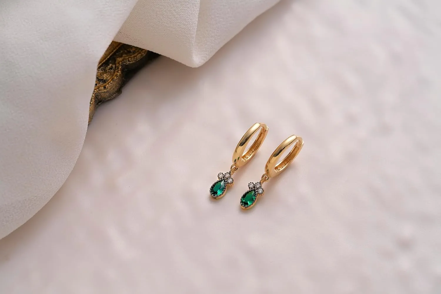 Emerald Earrings, 14K Solid Gold Anniversary Earrings, Hoops Earrings, Dainty initial Emerald Earrings, Minimalist 14K Gold Emerald Earrings