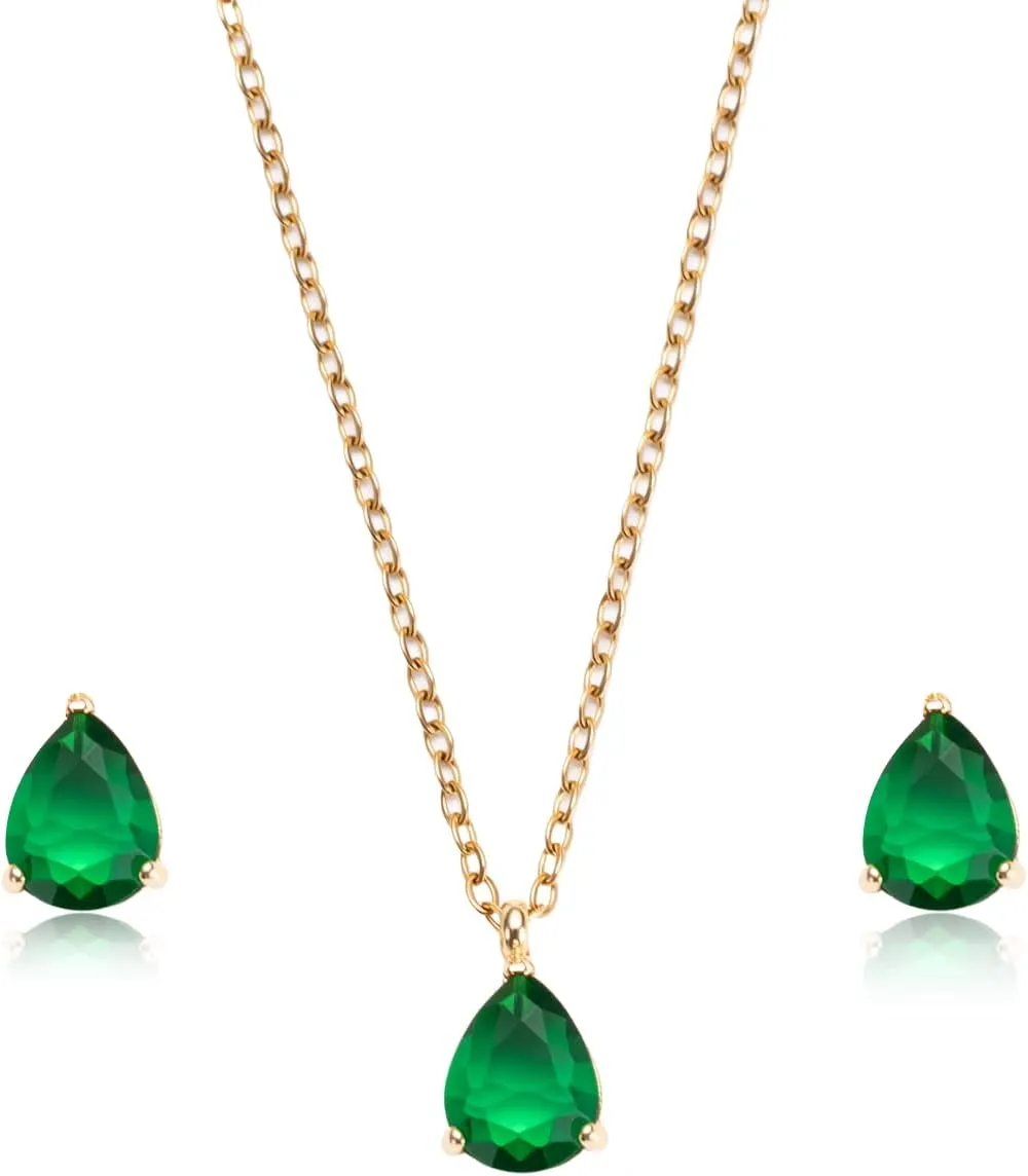 Emerald Green Jewelry Set for Women  Gold and Green Jewelry Necklace & Earrings Set, Vintage Necklace and Stud Earrings for Gift