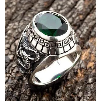 Emerald Japanese Tiger Dragon Mens Ring