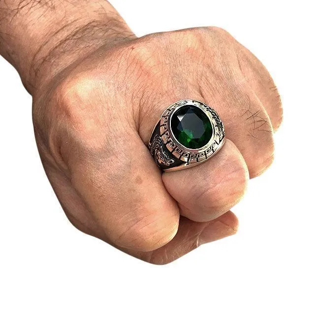 Emerald Japanese Tiger Dragon Mens Ring