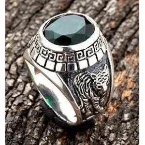 Emerald Japanese Tiger Dragon Mens Ring